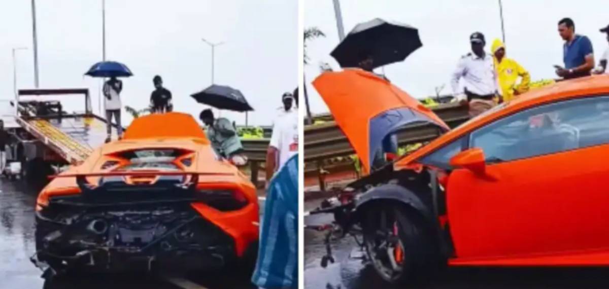 നനഞ്ഞ റോഡിൽ ലംബോർഗിനിക്കല്ല ഏത് കാറിനും 'അടിതെറ്റും';റോഡിൽ വട്ടംചുറ്റിയത് രണ്ടുതവണ,ഡിവൈഡറിൽ ഇടിച്ചുകയറി