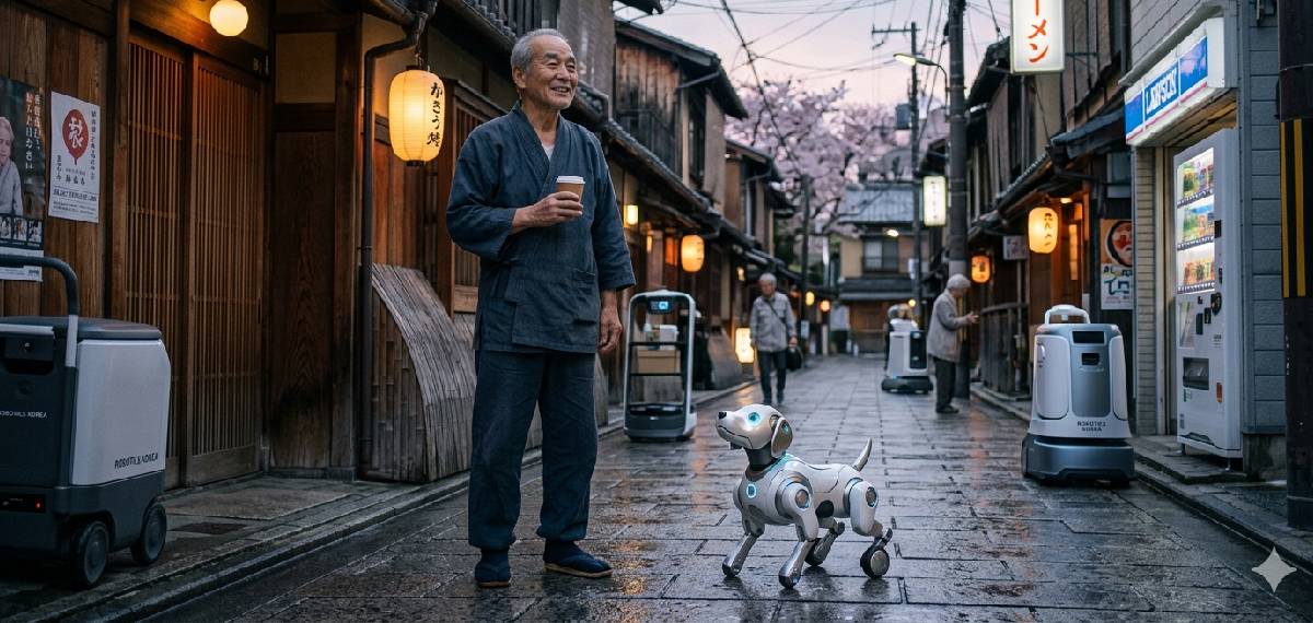 Japanees man with robot dog