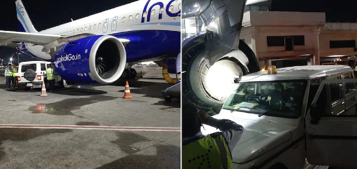 പരിശോധനയ്ക്കായി നിലത്തിറക്കിയ ഇൻഡിഗോ വിമാനത്തിൽ കാറ്ററിങ് വാഹനം ഇടിച്ചു