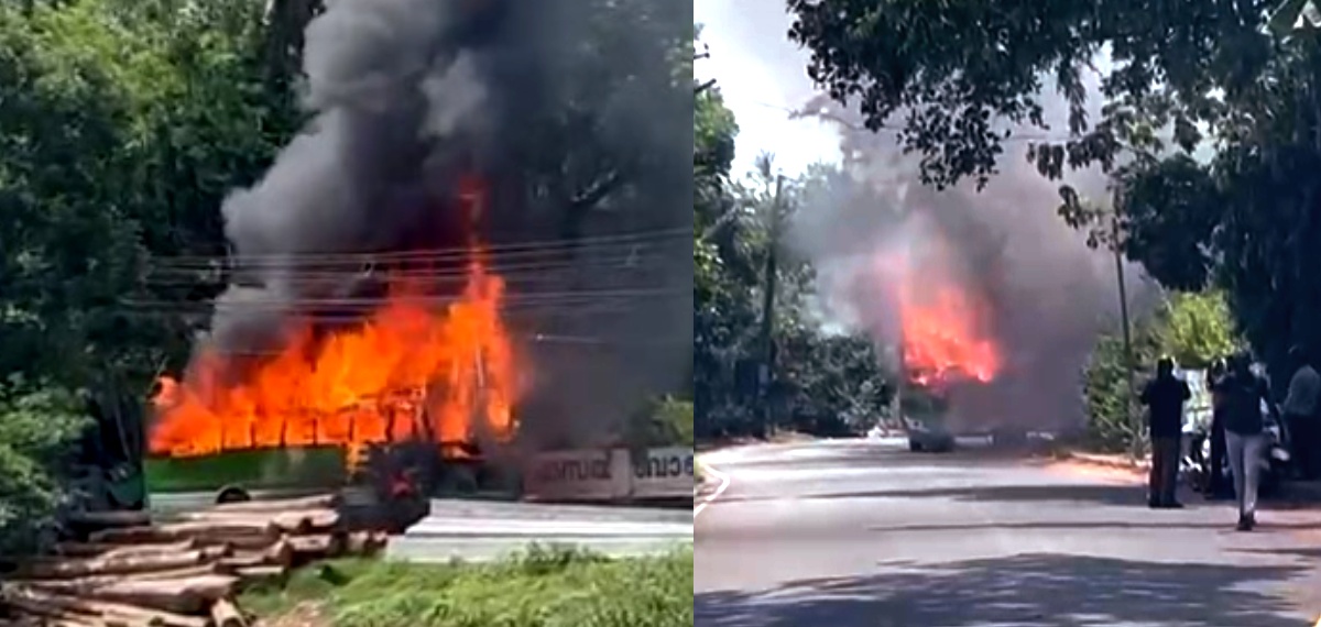കോഴിക്കോട് മാങ്കാവിൽ ഓടിക്കൊണ്ടിരുന്ന സ്വകാര്യ ബസിന് തീപിടിച്ചു; പുക ഉയരുന്നത് കണ്ട് യാത്രക്കാരെ പുറത്തിറക്കി