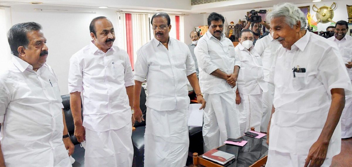 Senior Congress leader Oommen Chandy, KPCC president K Sudhakaran, Opposition leader VD Satheesan and Ramesh Chennithala during a party meeting, in Thiruvananthapuram