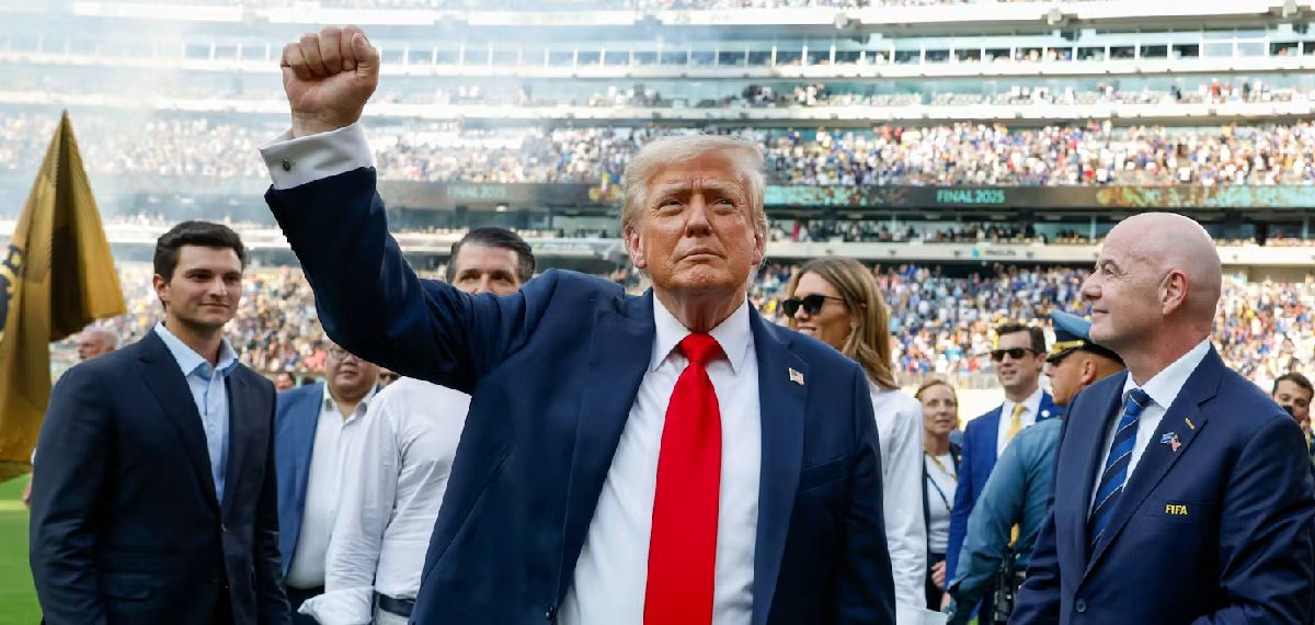 President Donald Trump appears at a FIFA Club World Cup 2025 match at New Jersey’s MetLife Stadium on July 13, 2025, with FIFA president Gianni Infantino standing to the right. Eva Marie Uzcategui