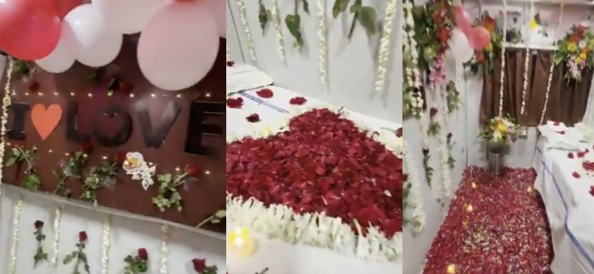 ബലൂണുകൾ, പൂക്കൾ, അടർത്തിയിട്ട റോസാദളങ്ങൾ; 'സഞ്ചരിക്കുന്ന ഹണിമൂൺ സ്യൂട്ടോ' എന്ന് റെയിവേയോട് സോഷ്യൽ മീഡിയ