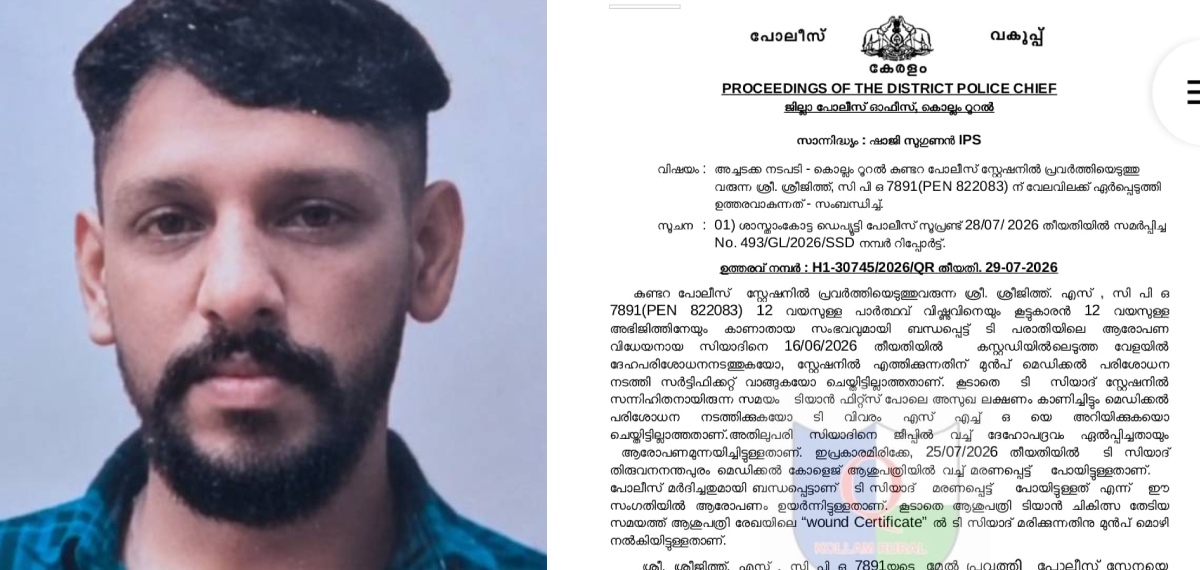 കുണ്ടറയിലെ കസ്റ്റഡി മര്ദ്ദന ആരോപണം: സിപിഒ ശ്രീജിത്തിന് സസ്പെന്ഷന്