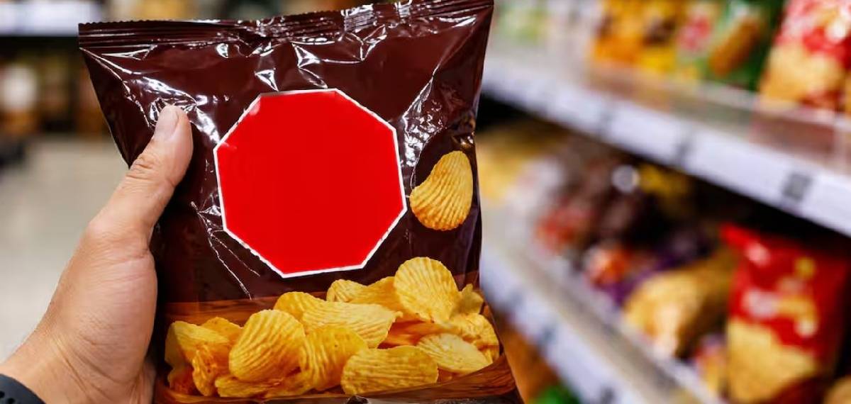 red hexagonal warning symbol on packaged foods