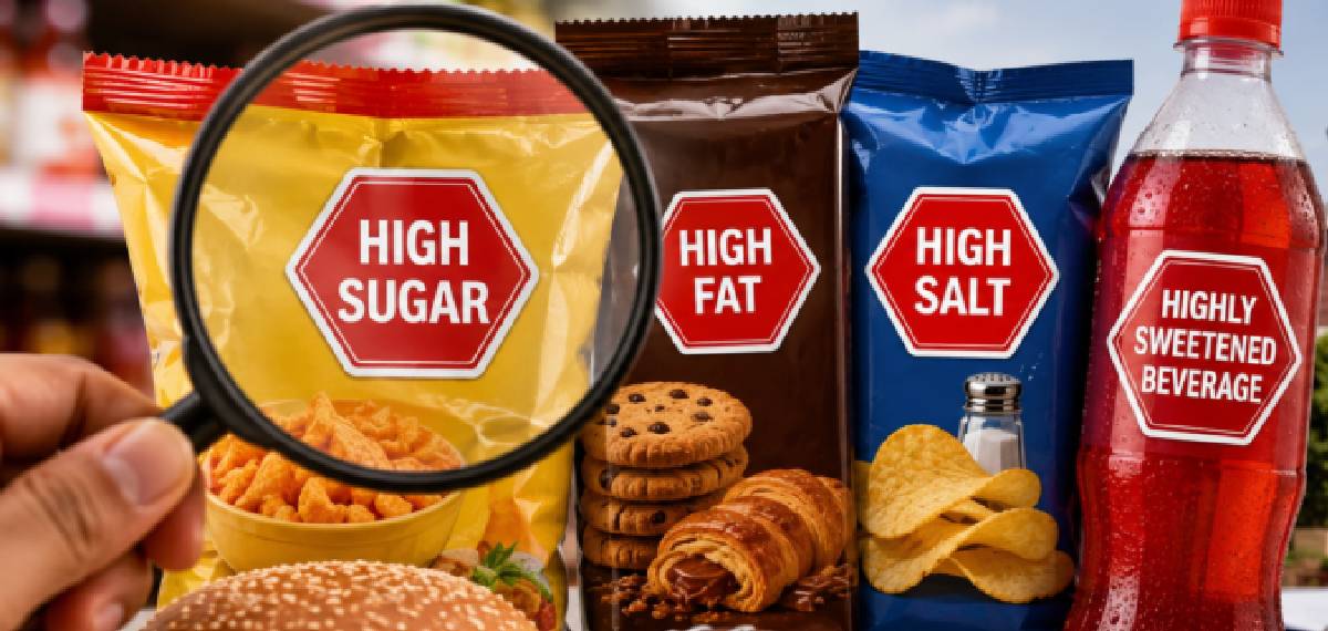 red hexagonal warning symbol on packaged foods