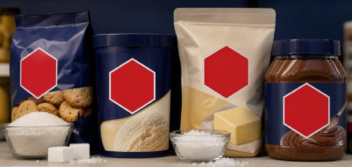 red hexagonal warning symbol on packaged foods