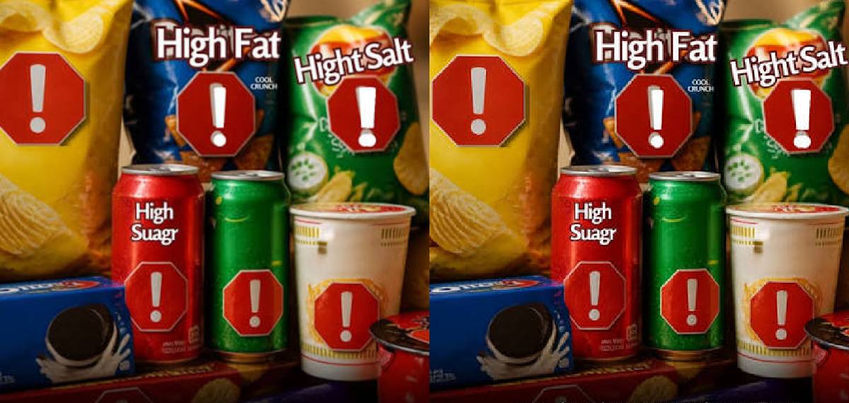 red hexagonal warning symbol on packaged foods