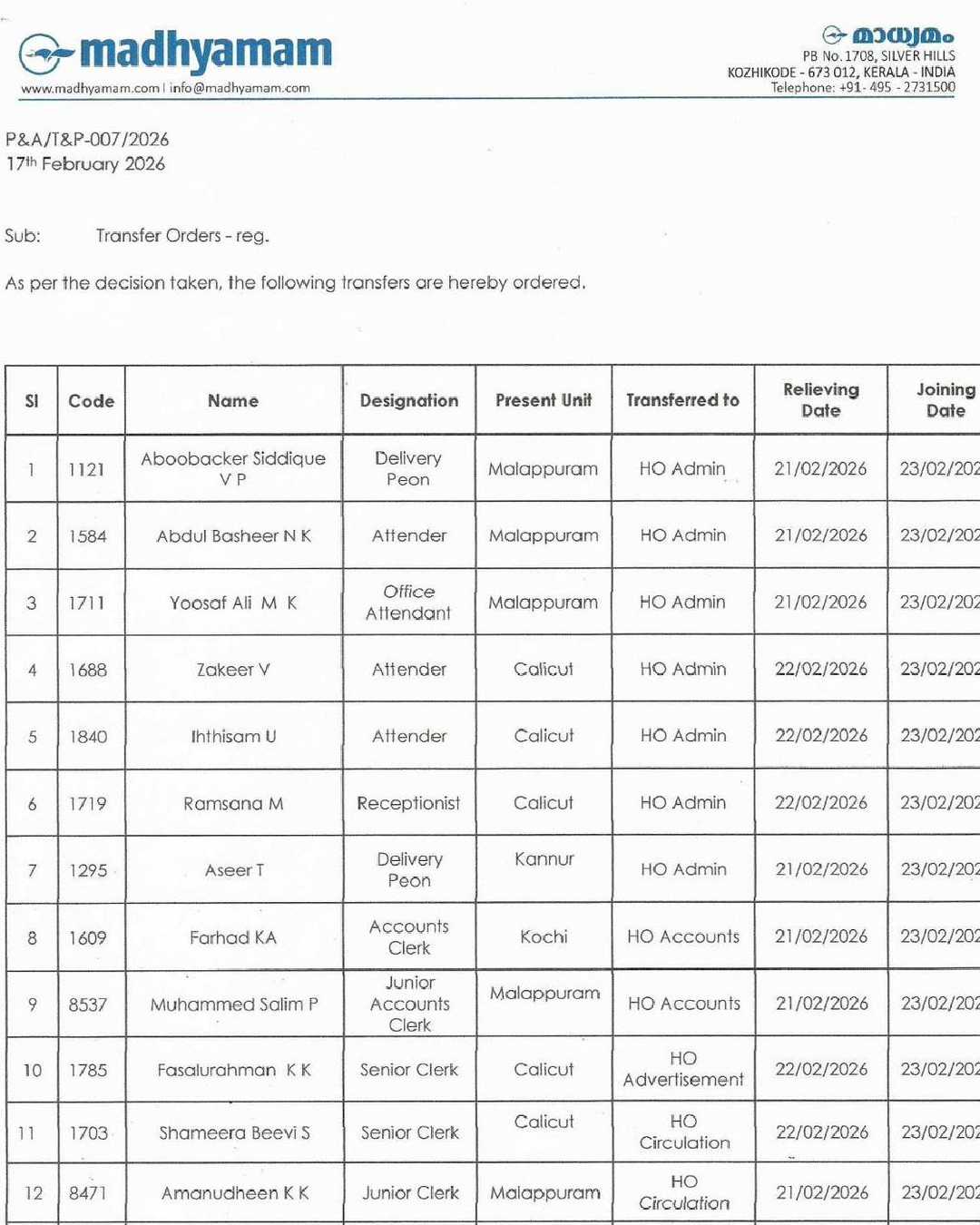 Madhyamam tranfer order 