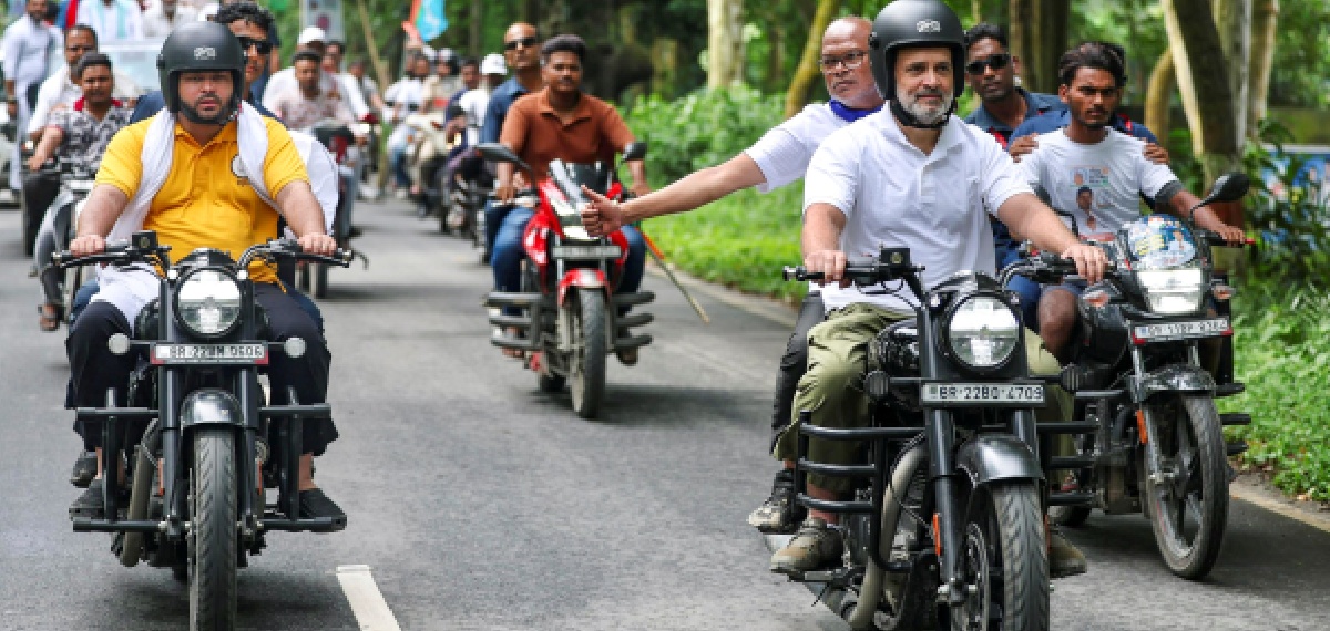 Leader of Opposition in the Lok Sabha Rahul Gandhi and RJD leader Tejashwi Yadav ride motorcycles with others during the Voter Adhikar Yatra, in Bihar