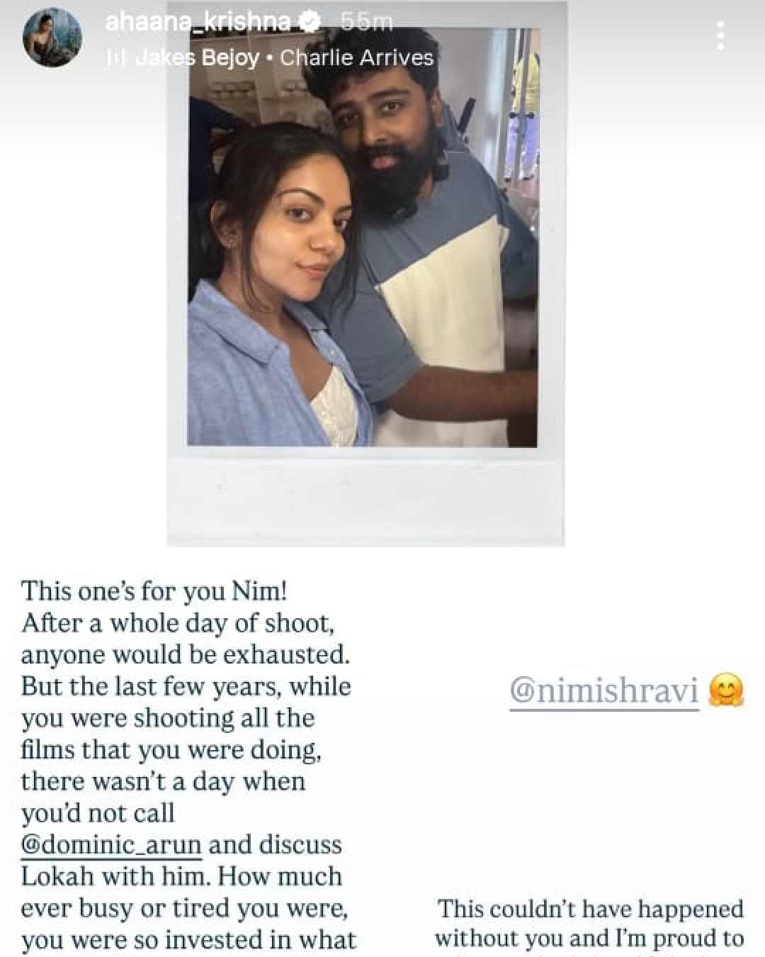 Ahana Krishna's instagram story about Nimish Ravi 