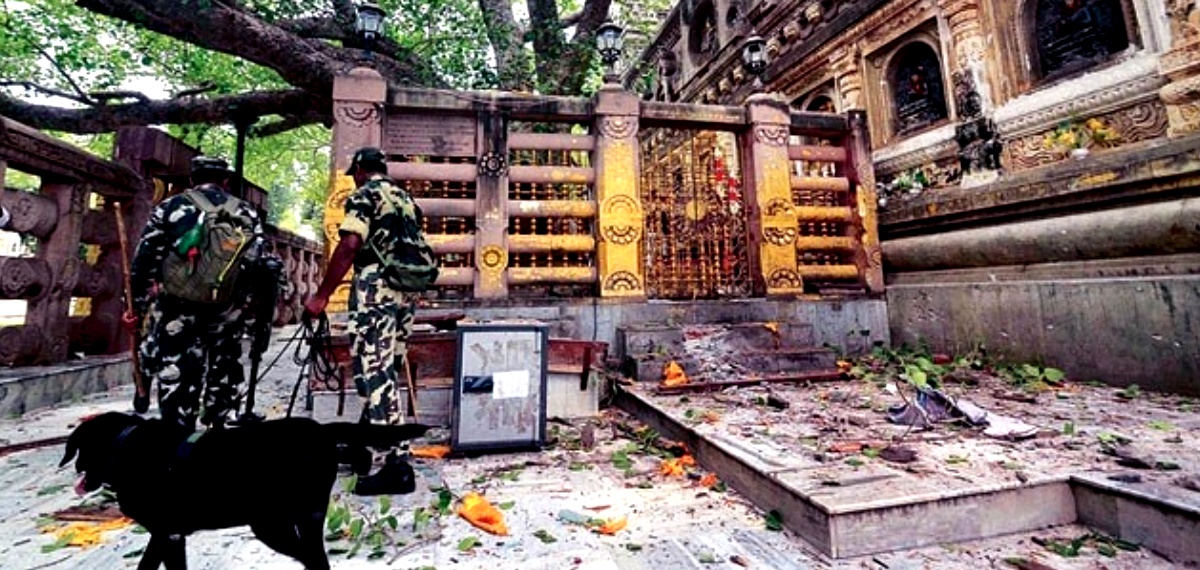 On 7 July 2013 a series of ten bombs exploded in and around the Mahabodhi Temple complex, a UNESCO World Heritage Site in Bodh Gaya, India. Five people, including two Buddhist monks, were injured by the blasts