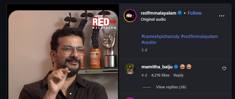 Mamitha Baiju's reply to Pisharody