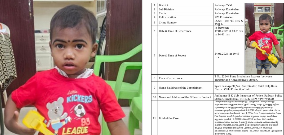 പൂനെ-എറണാകുളം എക്‌സ്പ്രസില്‍ രണ്ട് വയസുകാരനെ ഉപേക്ഷിച്ച നിലയിൽ; സംരക്ഷണം ഏറ്റെടുത്ത് ചൈൽഡ് ലൈൻ