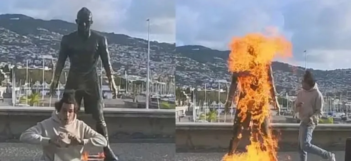 "ഇത് ദൈവത്തിന്റെ അവസാന താക്കീത്"; റൊണാൾഡോയുടെ വെങ്കല പ്രതിമയ്ക്ക് തീവച്ച് യുവാവ്