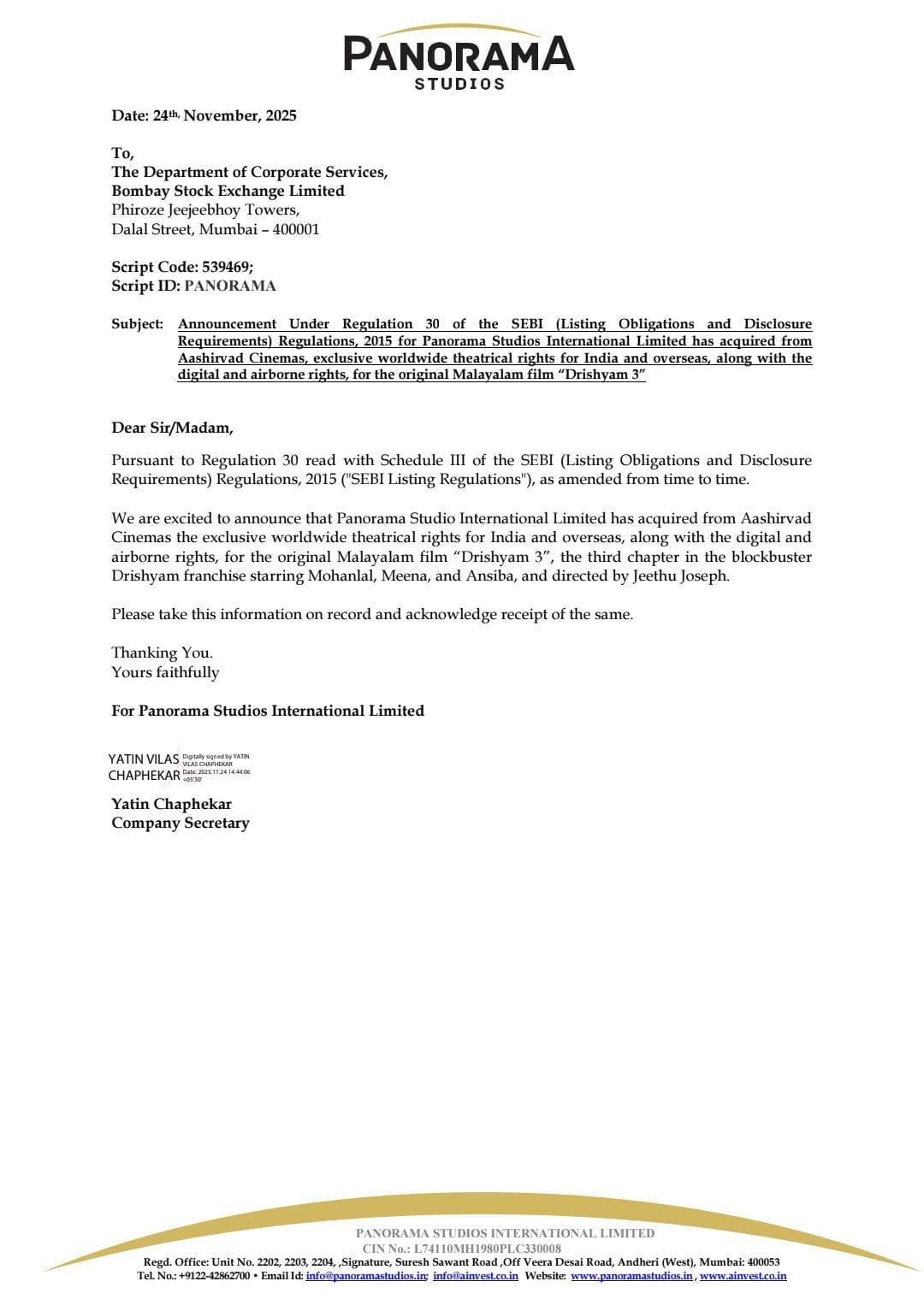 Panorama Studios Accquired rights of Drishyam 3